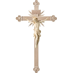 Cristo Pisa en cruz barroca con rayos y Titulus Crucis en hebreo - latín - griego